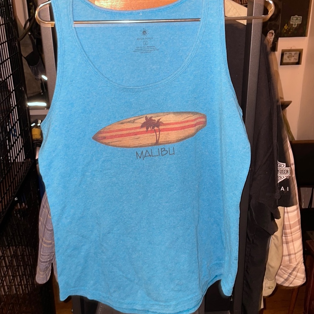Used slightly, River Beach, Sized Large, Malibu Tank top. Blue with beach scene